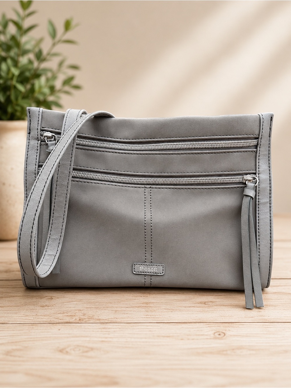 Relic Gray Leather Crossbody with Multiple Zip Pockets & Adjustable Strap